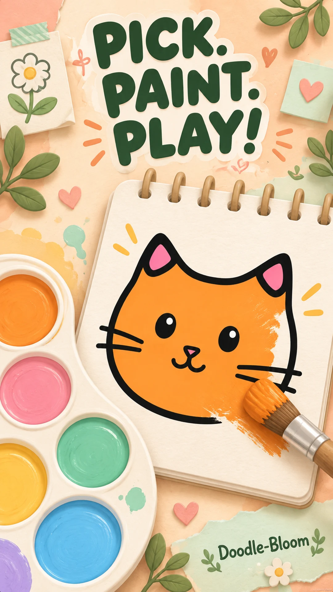Illustration of an orange cat being painted in a cream sketchbook